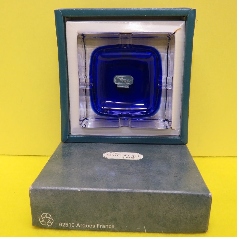 VTG J.G. Durand Crystal Cobalt Blue/Clear Ashtray 3.25" x 3.25" Double Cased.
